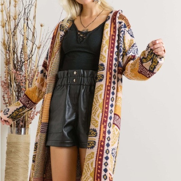 ADORA Tribal Pattern Cardigan with Fringe in Mauve Mix - Picture 2 of 5